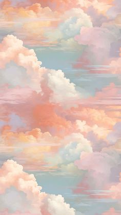 the sky is filled with pink and blue clouds in pastel colors, as well as white fluffy clouds