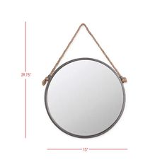 a round mirror hanging on a rope with measurements for the size and length in front of it