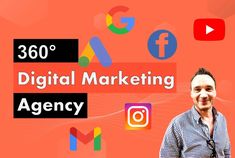 a man standing in front of an orange background with the words 360 digital marketing agency