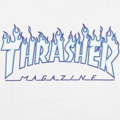 a white t - shirt with blue flames on the front that says thrash magazine written across it