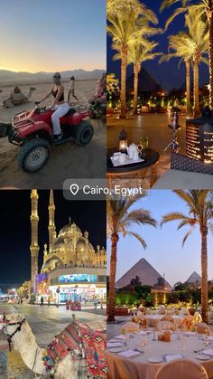 a collage of pictures with people and vehicles in the middle one has palm trees