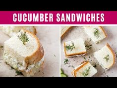 two pictures show different views of sandwiches with cucumber and dill on them