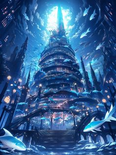 a futuristic city surrounded by sharks in the ocean with lights on and fish swimming around