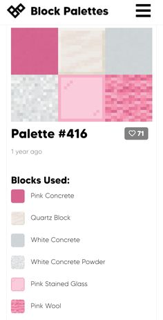 Minecraft Color Combinations, Pink Minecraft House Vanilla, Pink Block Palette Minecraft, Cute Pink Minecraft House Vanilla, Minecraft Empire Ideas, Cherry Wood Color Palette Minecraft, Pink Blocks Minecraft