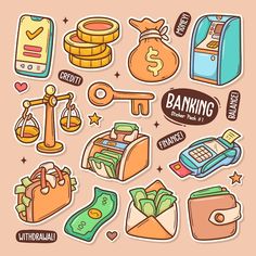 various stickers that include money, keys and other items on a pink background with the words banking written below them