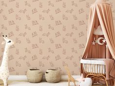 Corgia Wallpaper In Children's Cot Covered in Beige Fabric With Toy Giraffe Kids Bedroom Wallpaper, Beige Backdrop, Corgi Dogs, Wallpaper Textured, Dining Room Wallpaper, Tail Wagging, Classic Wallpaper, Stripes Wallpaper, Tropical Wallpaper