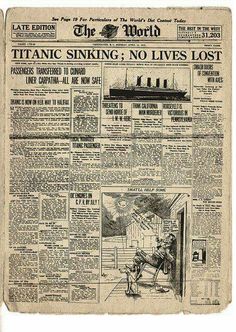 an old newspaper with the title'atlantic sinking, no lives lost'on it