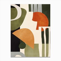 an abstract painting with orange, green and white shapes on it's surface is shown