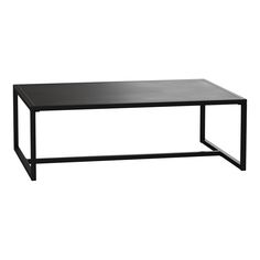 a black coffee table sitting on top of a white floor next to a metal frame