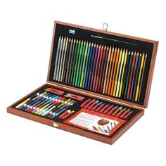 a wooden box filled with lots of colored pencils