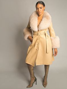 Color: Tan Faux Fur Collar Material: Sheepskin Fully Lined Belt Included Lining: Polyester Single Breasted Sample Size: S Delicate dry clean Protect accessory before washing Made-to-order (MTO) style Please allow additional 3-5 days for MTO order to be processed Style № ZC_NYC23_Foxy Leather Coat w/ Fox Fur In Tan Styled with Z' Diamante Detail Over The Knee Boot Luxury Cream Fur Coat With Faux Fur Lining, Elegant Fitted Sheepskin Fur Coat, Fitted Luxury Fur Coat With Faux Fur Lining, Elegant Mink-colored Leather Outerwear, Formal Leather Fur Coat With Faux Fur Lining, Formal Leather Fur Coat With Faux Fur Trim, Elegant Leather Fur Coat For Winter, Elegant Cream Leather Outerwear, Fitted Leather Fur Coat With Faux Fur Lining