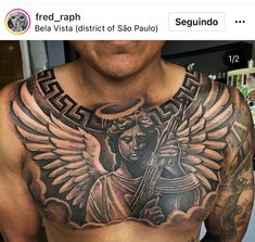 a man with an angel tattoo on his chest