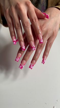 Pink and heart nails Vday Nails Almond Shape, Pink Heart Cherry Nails, Funky Heart Nails, Hot Pink And Red Valentine Nails, Pink And Heart Nails, Pink Nails With Pink Hearts, Fusha Color Nails Acrylic Short, Pink Girly Nails Design, Pink Vday Nails Valentines Day