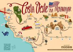 an illustrated map of costa rica and the usa with all its major attractions on it