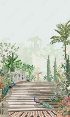 a peacock is standing on the steps in front of some flowers and trees with palm trees behind it