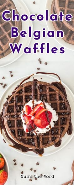 chocolate belgium waffles with whipped cream and strawberries on the top are ready to be eaten