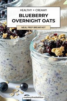 healthy and creamy blueberry overnight oatmeal recipe in two jars with spoons