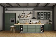 an image of a kitchen setting with green cabinets