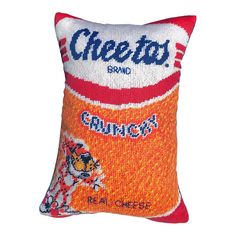 an orange and white pillow with the word cheeto on it's front side