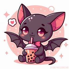 a cute little bat with a drink in it's hand