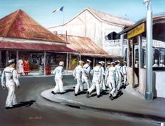 an oil painting of men in white uniforms walking down the street