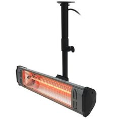 an electric heater is shown on a stand with the light on it's side