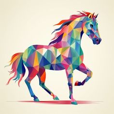 a horse made up of colorful triangles on a white background is featured in the image