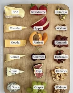 a wooden cutting board topped with lots of different types of cheeses and fruits on it