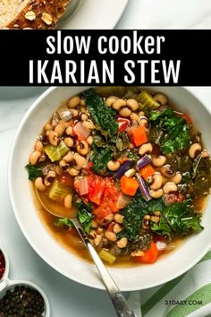 a bowl of slow cooker kale and white bean soup with the title above it