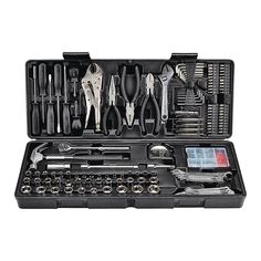 a tool kit with tools in it on a white background