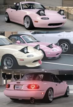 two different cars parked next to each other in a parking lot, one pink and the other white