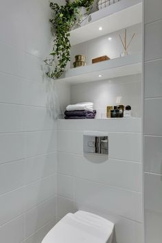 a white toilet sitting in a bathroom next to a shelf filled with towels and plants