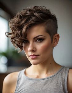 Short Curly Hair With Undercut Women, Curly Pixie Long On Top, Shaved Hairstyles For Women Short, Woman Hair Shaved Sides, Short Hair Buzzed Sides For Women, Curly Pixie Shaved Sides, Undercut Perm, Pixie Hairstyles For Wedding, Curly Pixie Mohawk