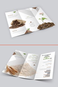 an open brochure with coffee beans and grains on the front, side and back