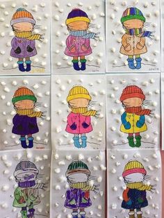 several children's drawings are shown in different colors and sizes, with snowflakes around them