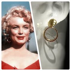 Inspired by Marilyn's first feature role in Niagra (1953), where she was an utter seductress bedecked in a hot wiggle dress paired with those coveted door knocker gold hoops. As with all things Marilyn, they've become an iconic style in the fifties. We've updated the look with a rich 18k gold plated geometric posts and hoops for a more exclusive, luxurious style that will take you effortless from day to night. Measured almost 1.5 inch from post to hoop.  Limited in stock due to gold plated hoops. Comes gift wrapped in a velvet bag and care instructions.  Made with love for the 50s and Marilyn. Marilyn Monroe Earrings, Chic Yellow Gold Hoop Earrings For Party, Gold-tone Hoop Earrings For Evening, Retro Jewelry For Parties, Gold Small Hoop Earrings For Evening, Retro Gold Earrings For Parties, Gold Retro Earrings For Party, Retro Gold Small Hoop Jewelry, Retro Small Hoop Gold Jewelry