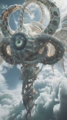 an octopus like creature floating in the sky with its eyes open, surrounded by clouds