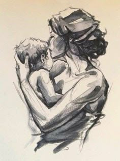 a black and white drawing of a woman holding a baby in her arms, with the child's head resting on his arm