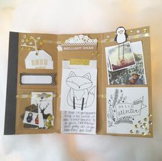 an open book with pictures and stickers on it