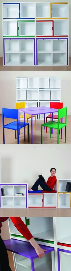 there are three shelves with different colored furniture on top of each shelf, and one has a person laying down