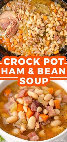 crock pot ham and bean soup in a white bowl