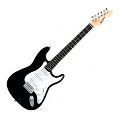 a black and white guitar with an electric pick up on it's neck, in front of a white background