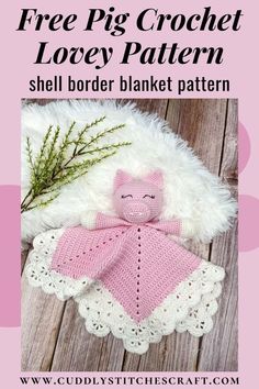 a pink crochet teddy bear laying on top of a white blanket with text overlay