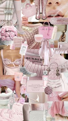 a collage of pink and white items with the words burber written on them