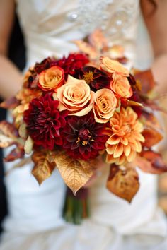 a bride holding a bouquet of flowers in her hands