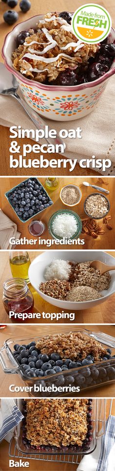 the recipe for blueberry crisp is shown in three different stages