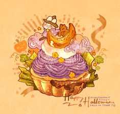 a drawing of a cat sleeping on top of a cupcake covered in frosting