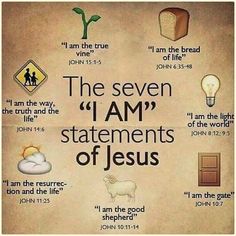 the seven i am statements of jesus written on parchment paper with images of sheep, bread and light bulbs