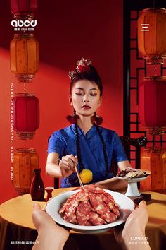 a woman sitting at a table with food in front of her and red lanterns behind her