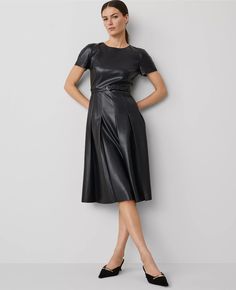 Faux Leather Pleated Midi Dress A Line Black Dress, Leather Midi Dress, Pleated Midi Dress, Sleeve Dresses, Buckle Belt, Petite Fashion, Petite Dresses, Black Midi Dress, Polished Look